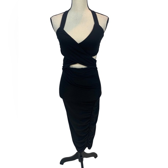 ASOS Sleeveless Cross Back Cut Out Ruched Bodycon Midi Dress - Black - size 4 - Picture 1 of 7